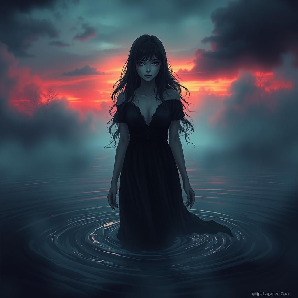 Ethereal Woman Floating in Misty Waters: Anime Style