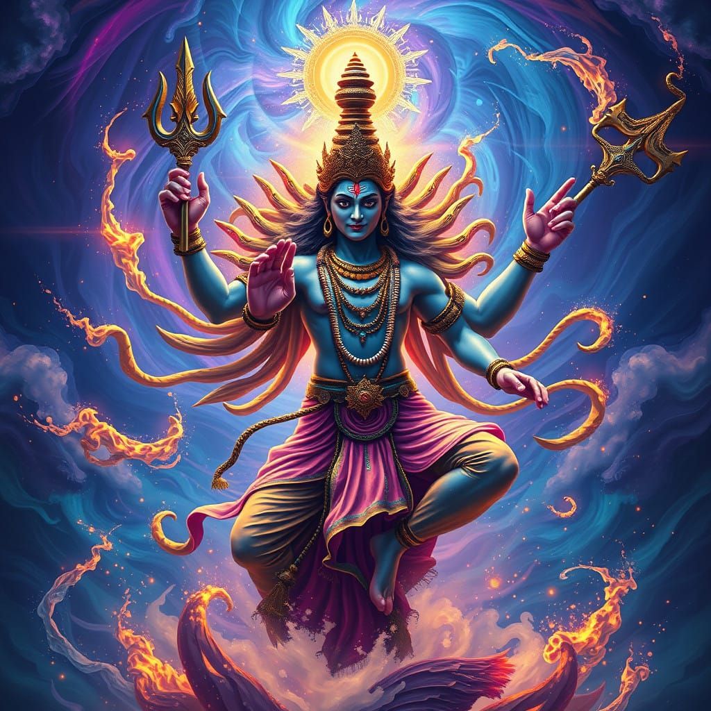 Surreal Cosmic Dance of Lord Shiva in Vibrant Fantasy Landsc...