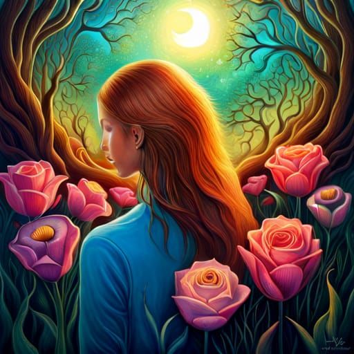 Fairytale Girl with Birds and Flowers in Magic Realism