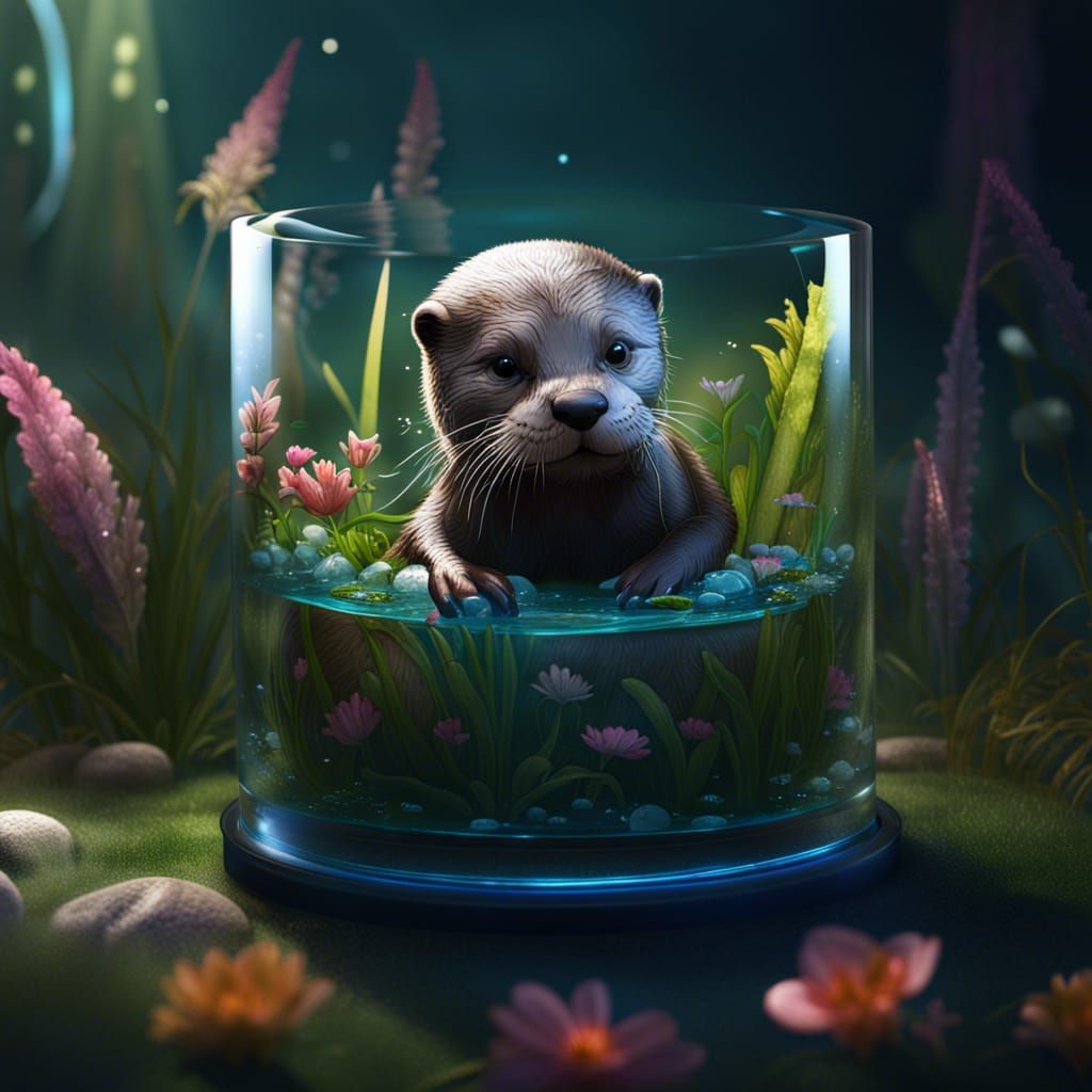 Baby Otter in Glass Cylinder: Detailed Matte Painting