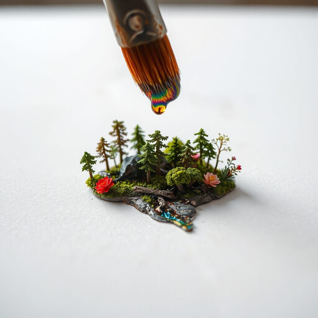 Miniature Forest Blooms From Brush, Hyperdetailed Digital Ar...
