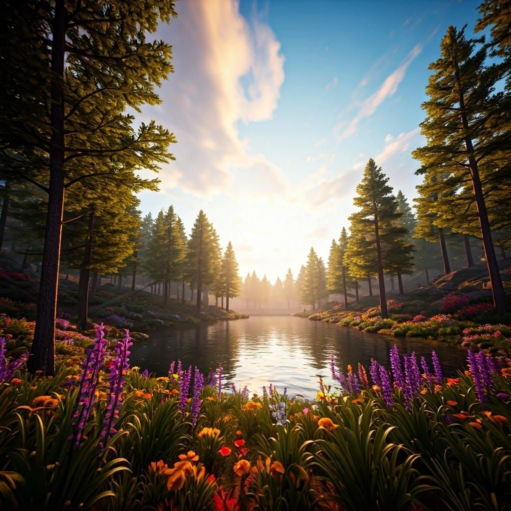 Serenely Beautiful Mountain Lake with Vibrant Flowers and Tr...