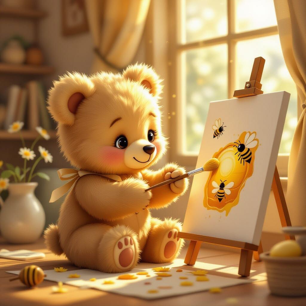 Whimsical Bear Paints Honey Bees in Storybook Style