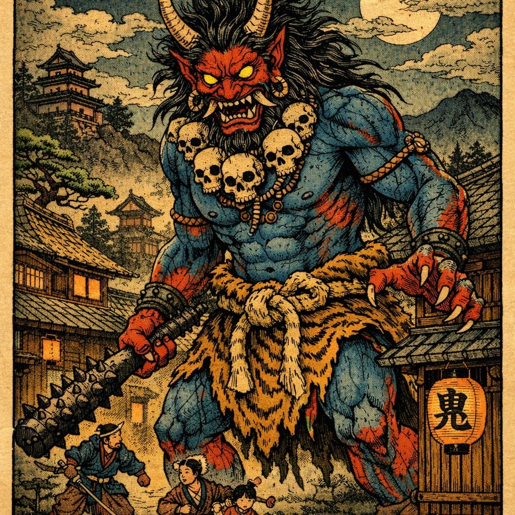 Ukiyo-e Oni Demon in Medieval Japanese Village