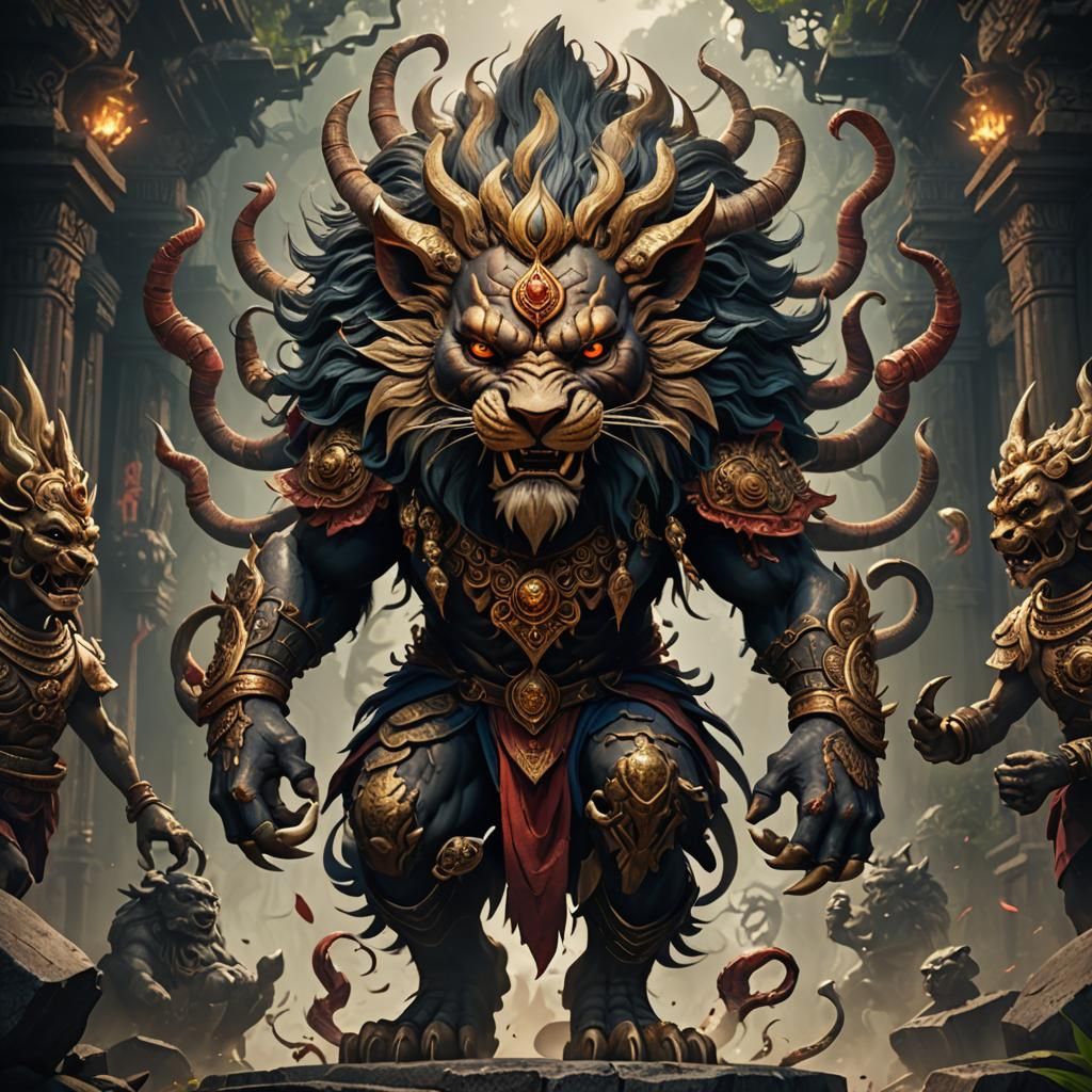 Lion-Faced Asura Demon in Detailed Matte Painting