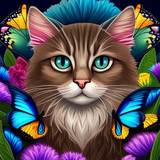 Pastel Cat Portrait with Floral Wreath and Butterflies