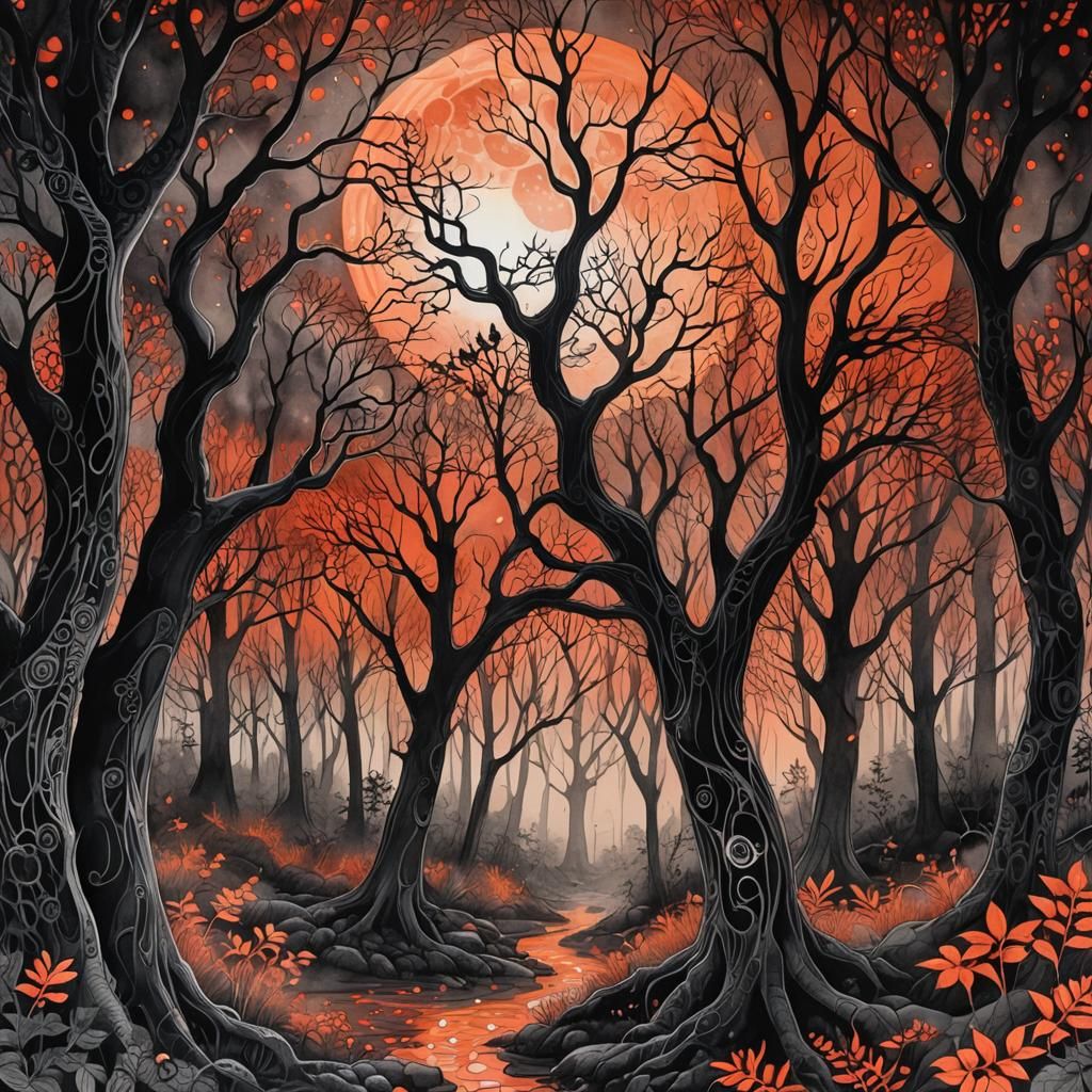 Ethereal Forest Under Red Moon in Ink Wash Style