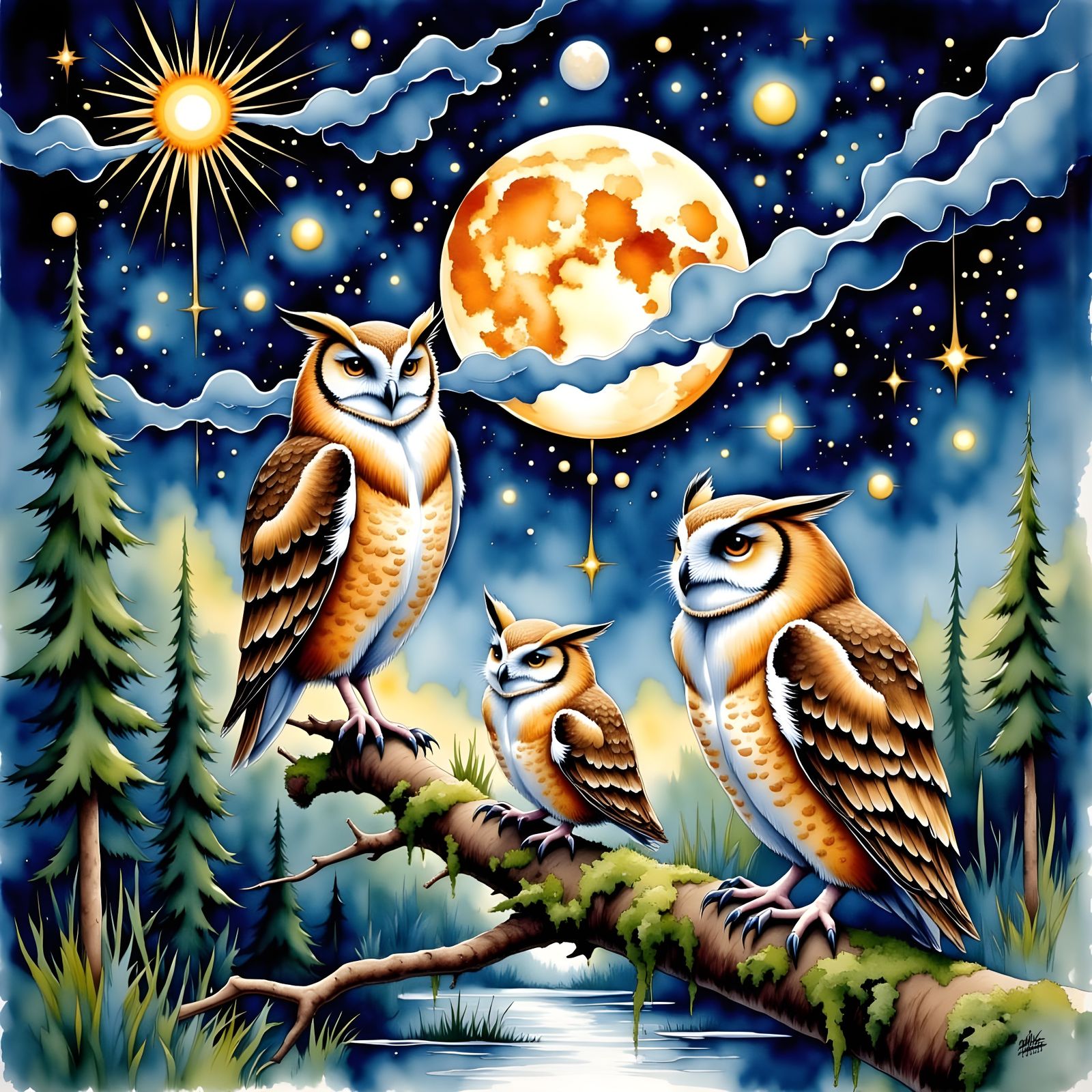 Fluffy Owls Gathering at Night, Watercolor Illustration