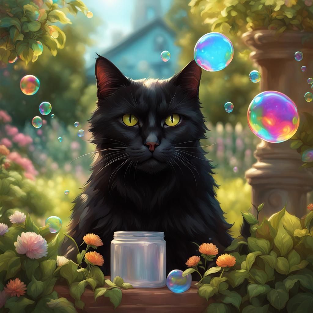 Black Cat Reaching for Soap Bubbles, Detailed Garden Portrai...
