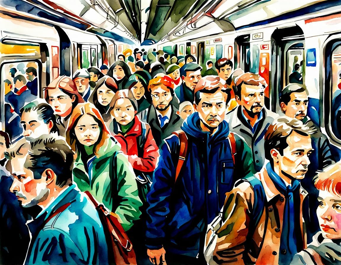 Crowded Subway Car in Watercolor Style