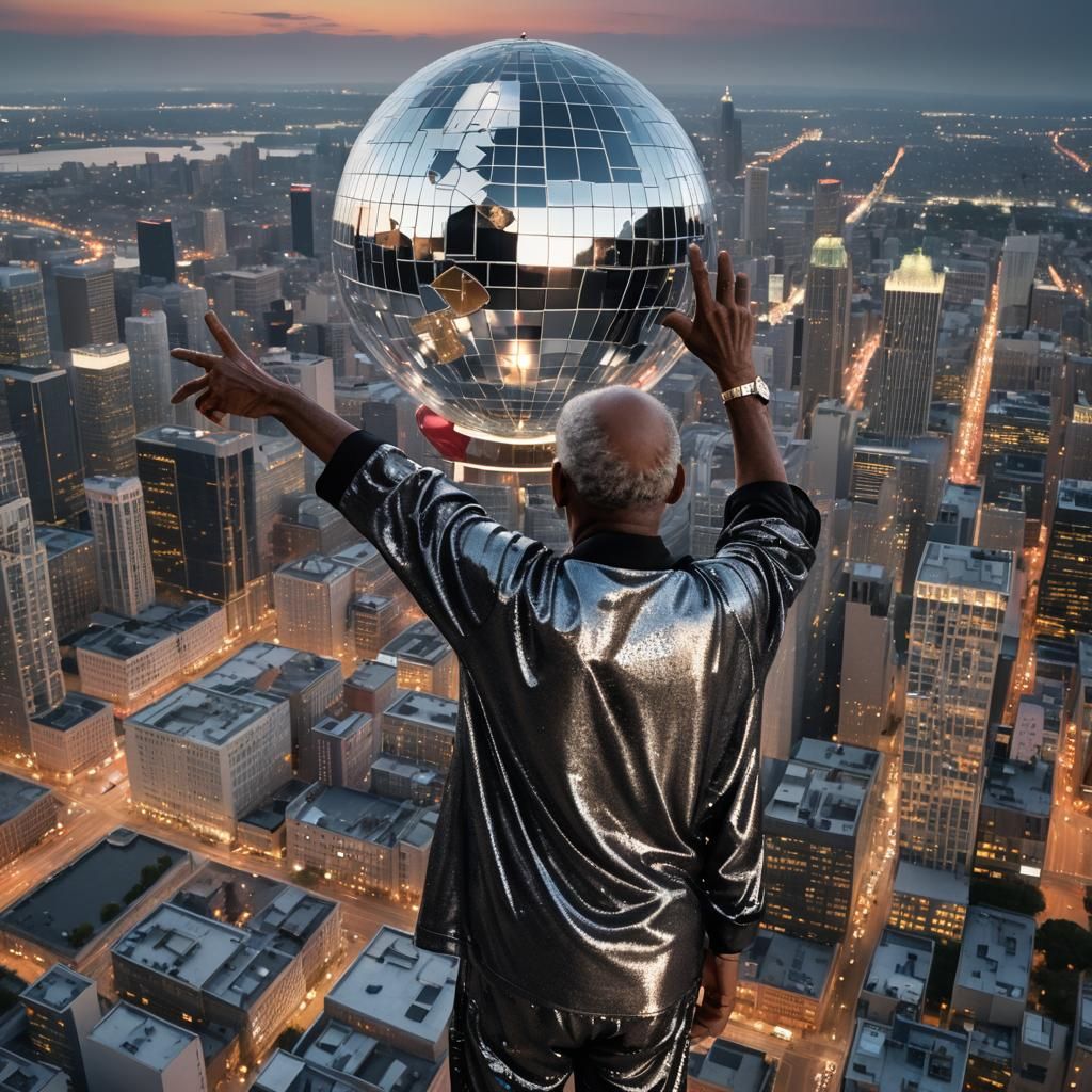 Photorealistic Disco Ball Over City at Night