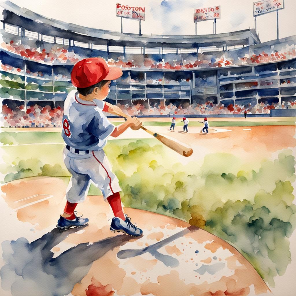Red Sox Boy Hitting Baseball in Watercolor