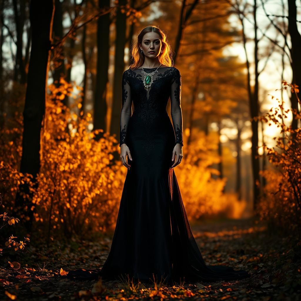 Woman in Black Gown in Autumn Forest
