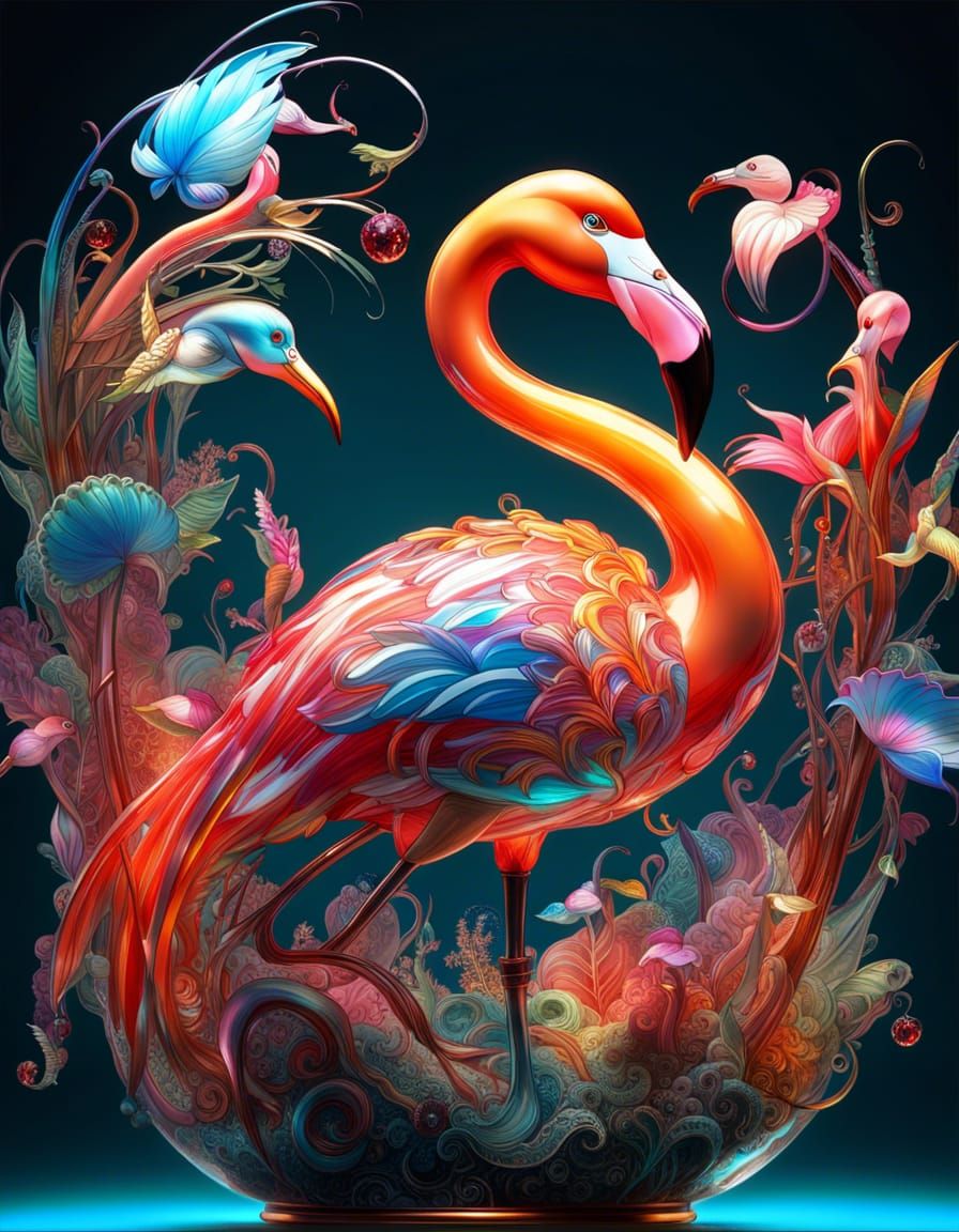 Illuminated Glass Flamingo Captures Fish, Fantasycore Art