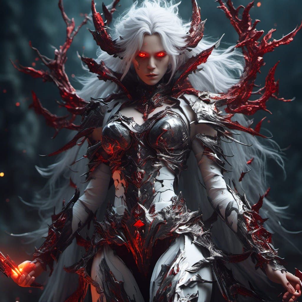 Beautiful Female Demon with Red Eyes in Dark Armor