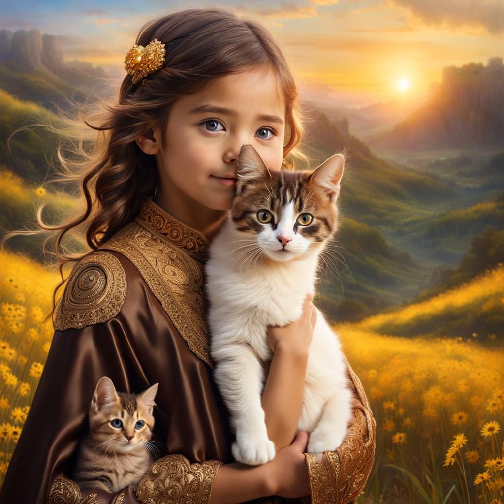 Expressive Child with Kitten in Fantasy Artscape