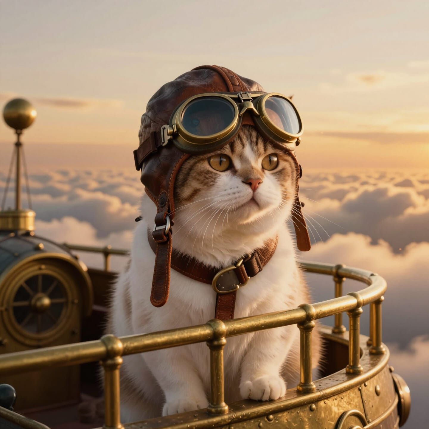 British Shorthair Cat on Airship Balcony at Sunset