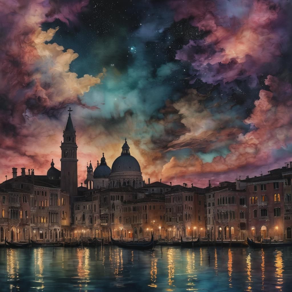 Venice Nightscape with Alcohol Ink Sky