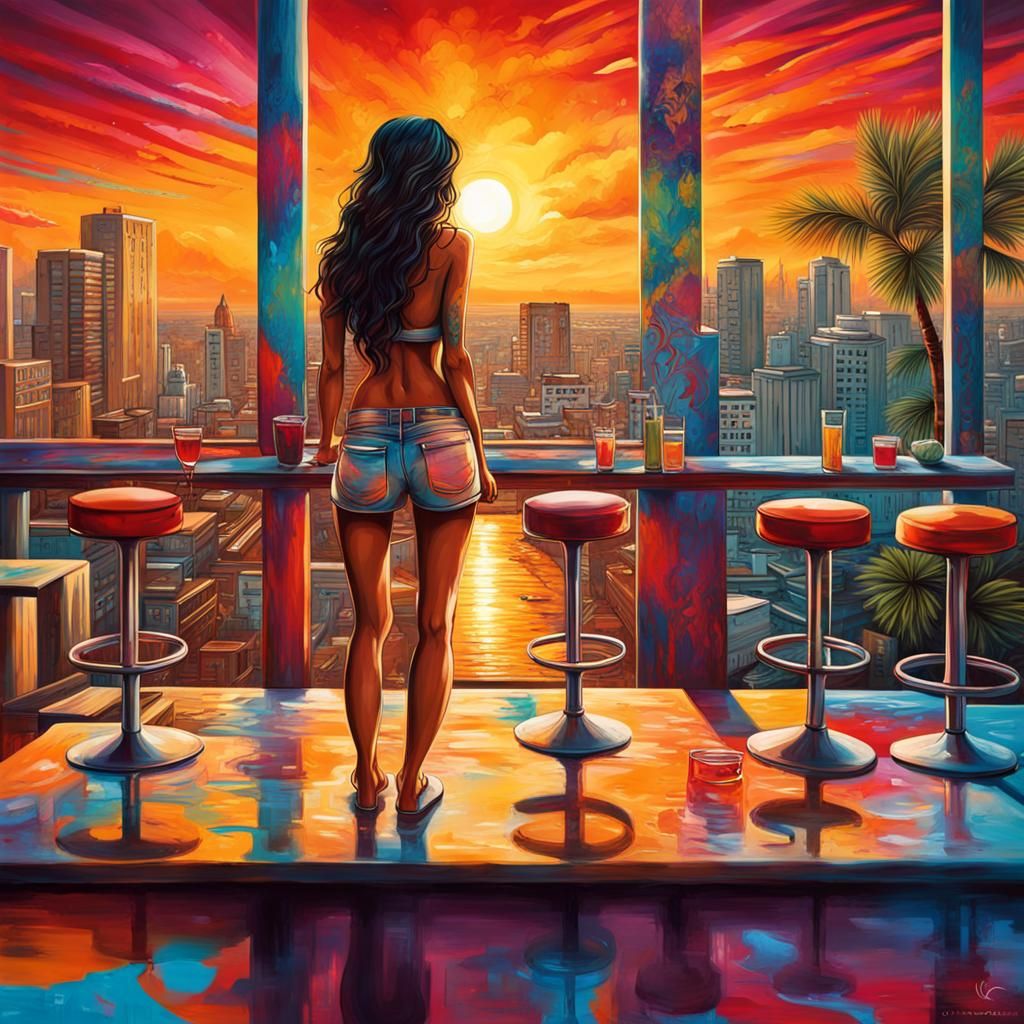 Latin Woman Enjoys Sunset in Graffiti Art Style