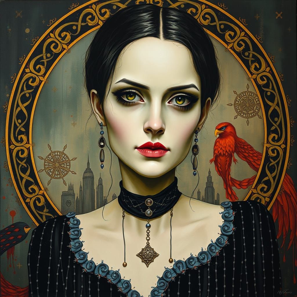 Morticia Addams Portrait in Surreal Art Nouveau Style