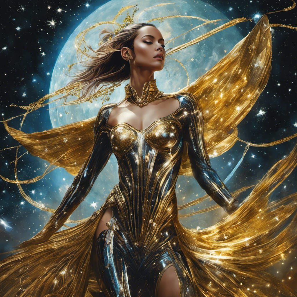 Alien Girl Portrait with Golden Skin in Splash Art