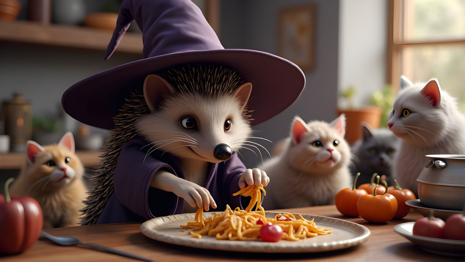 Cartoonish Cyberpunk Hedgehog Witch Prepares Lunch