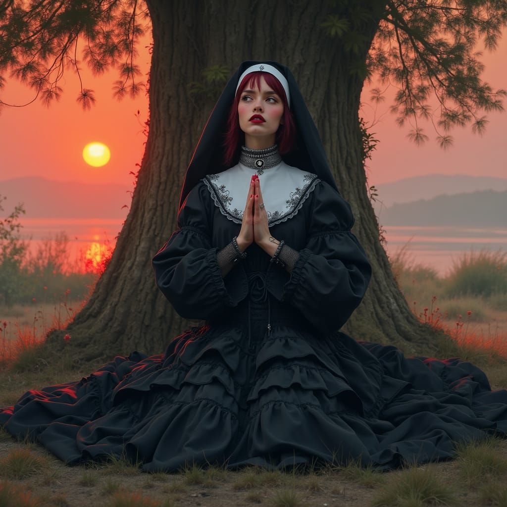 Gothic Nun in Harajuku Aesthetic, Gouache Style