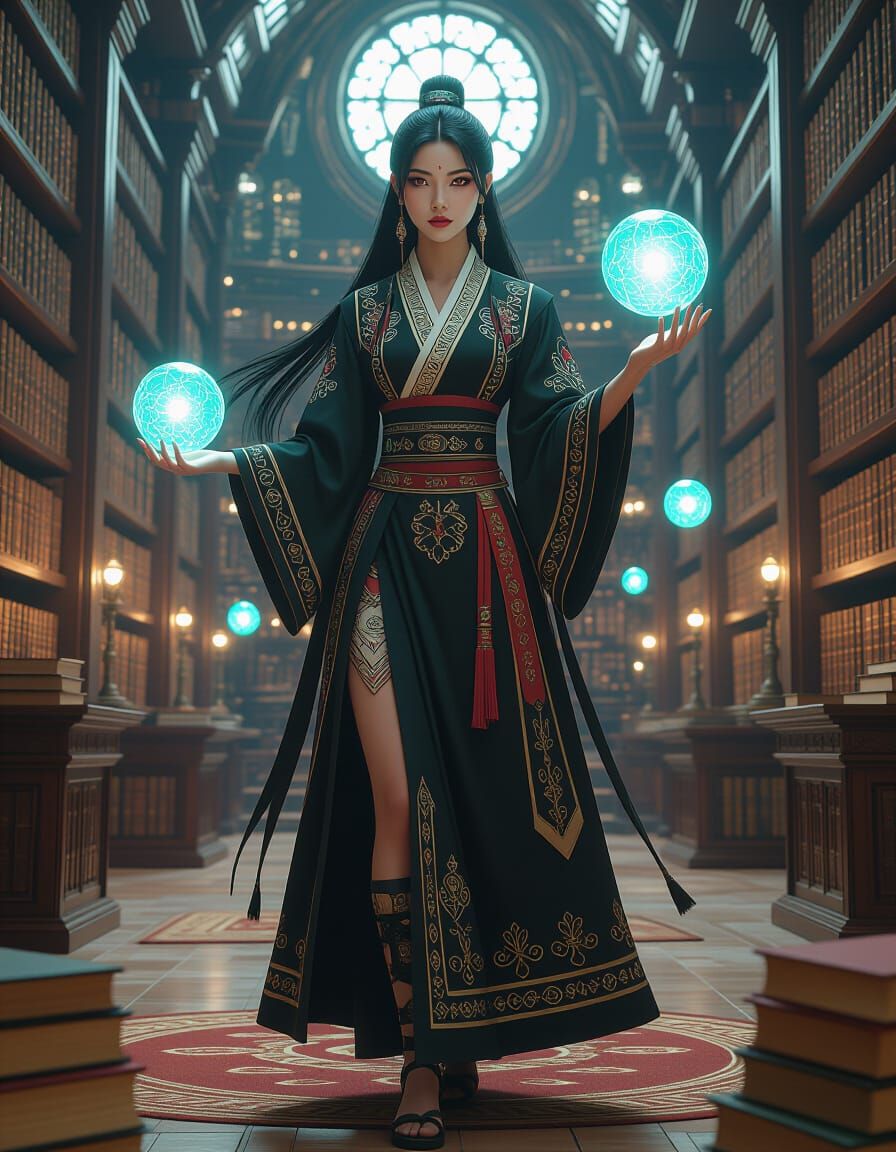 Hmong Woman in Mystical Library, Cinematic Style