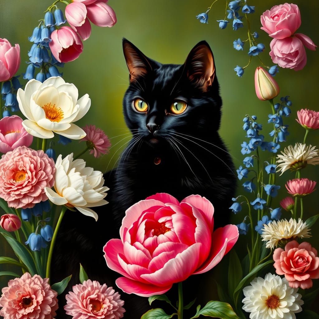 Black Cat Amongst Flowers in Audubon Style