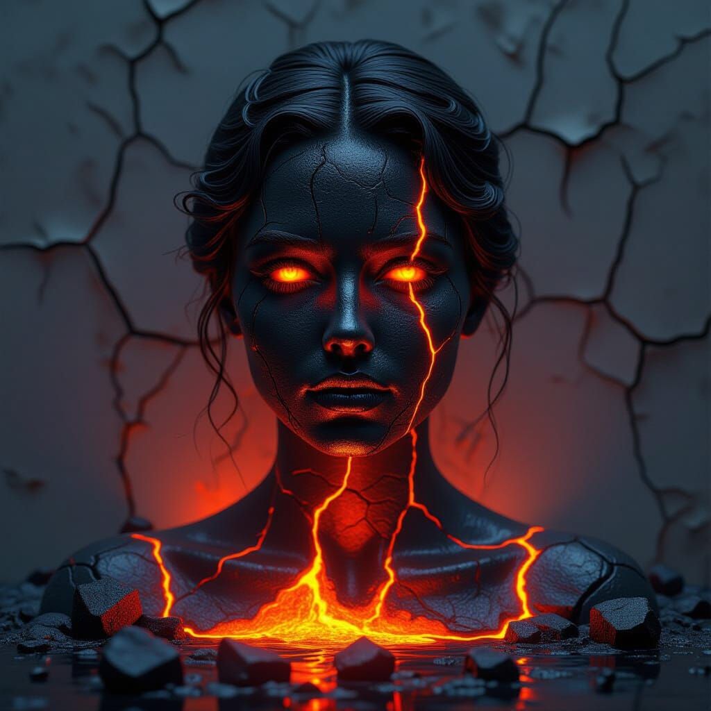 Molten Lava Woman Portrait in Obsidian