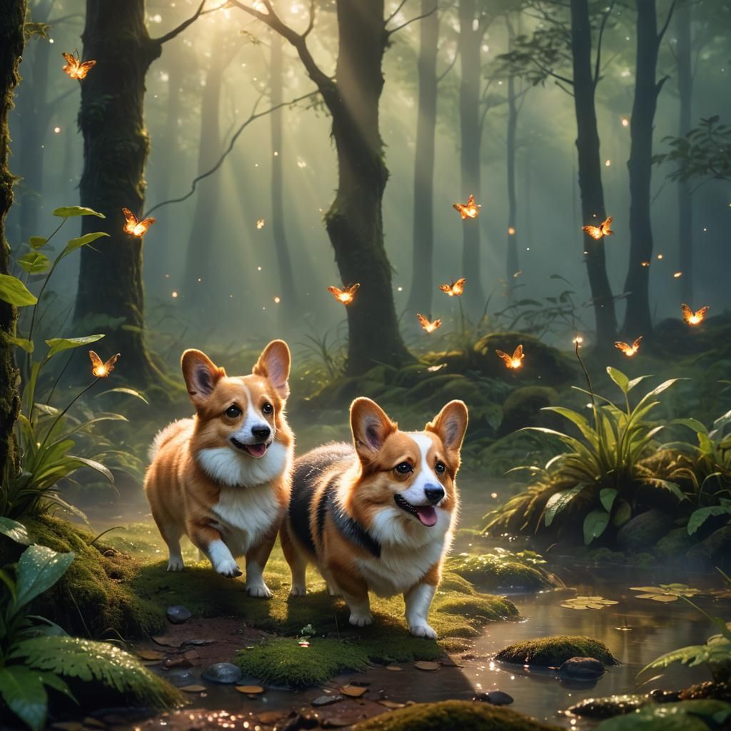 Corgi and Frog Play in Misty Forest