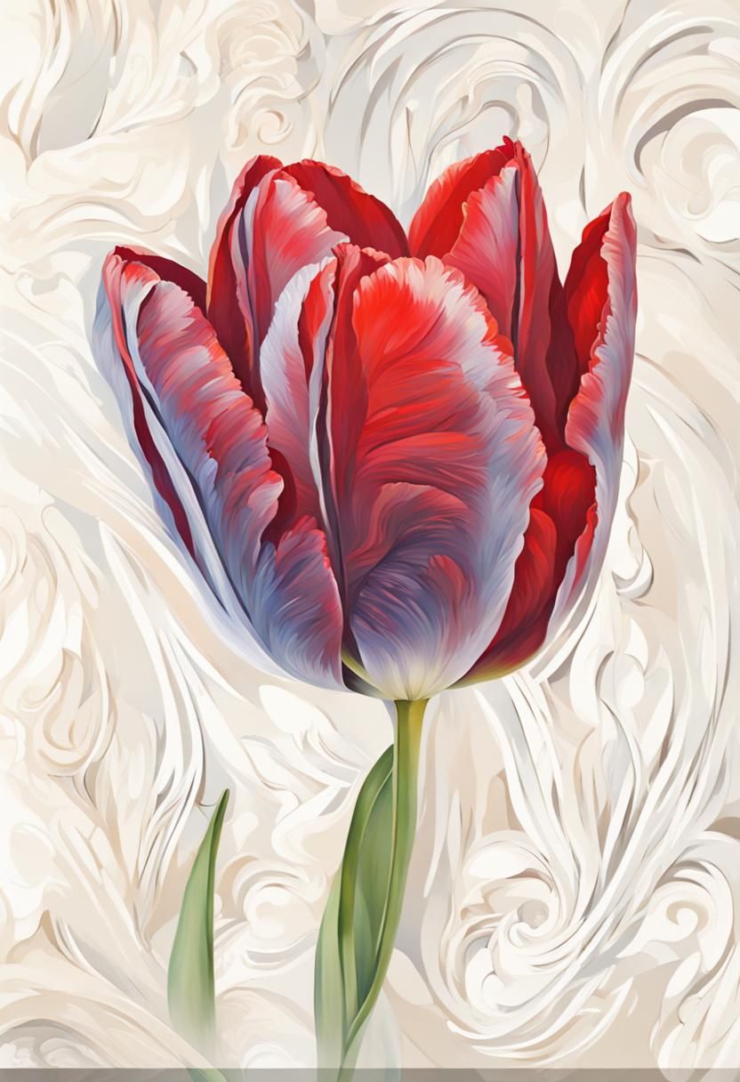 Intricate Red Tulip in Art Deco Oil Painting