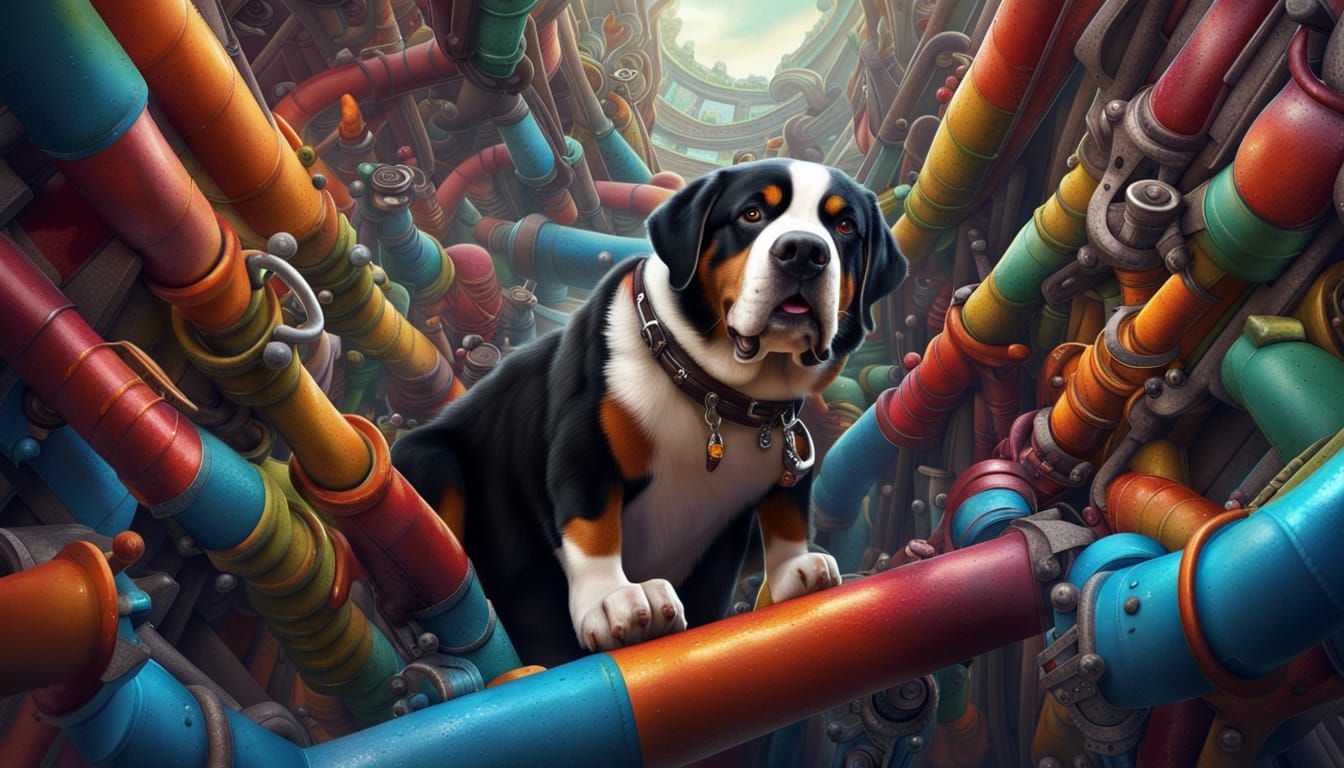 Swiss Mountain Dog Plumber Slides Down Plumbing Labyrinth