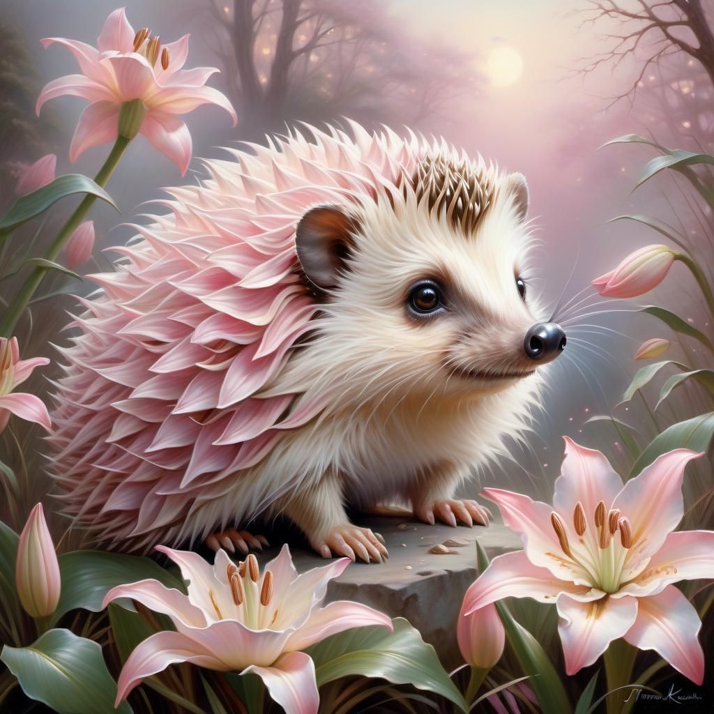 Mystic Hedgehog with Lilies: Ethereal Oil Painting