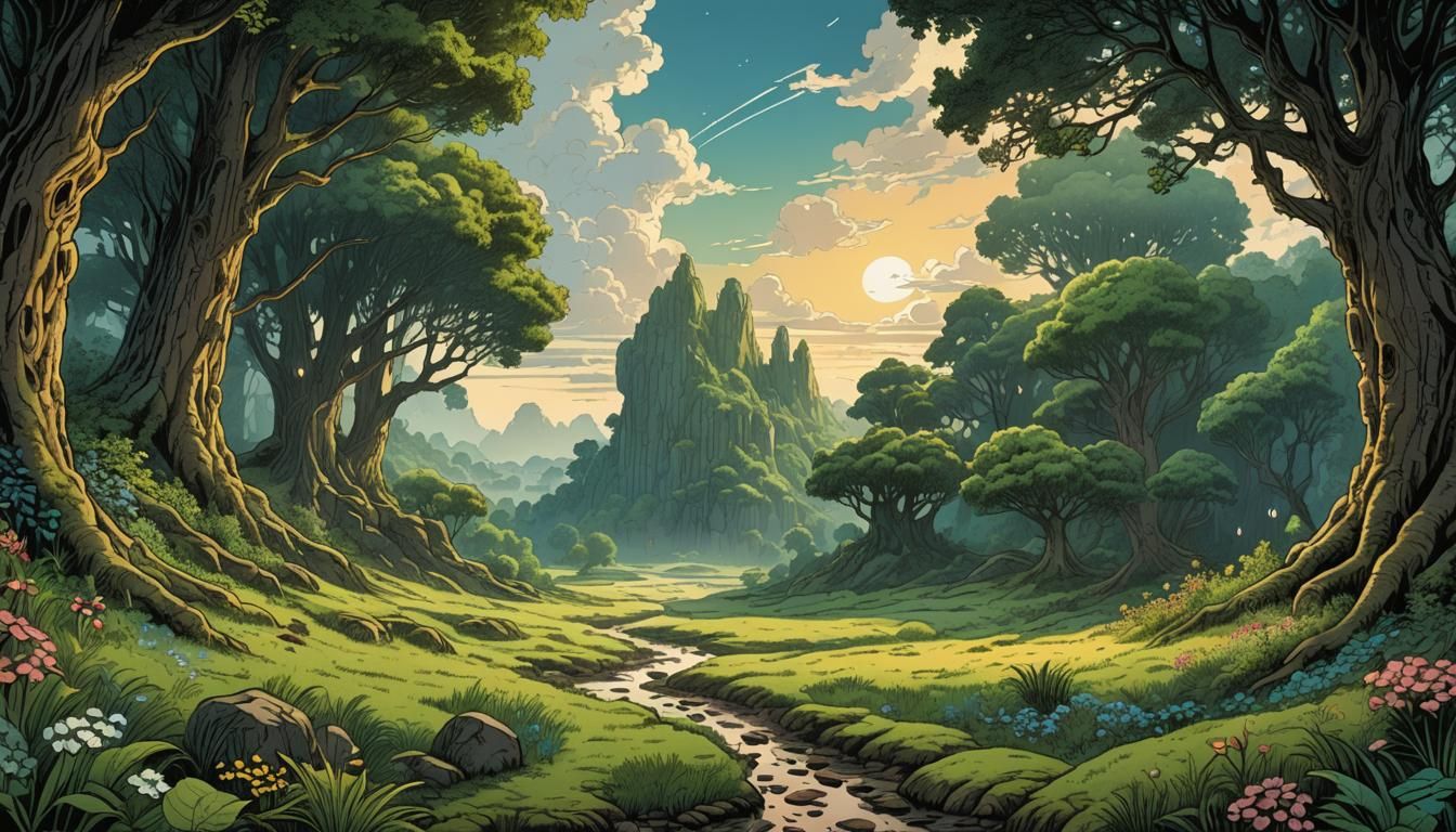 Lush Forest Clearing Illustration in Retro Style
