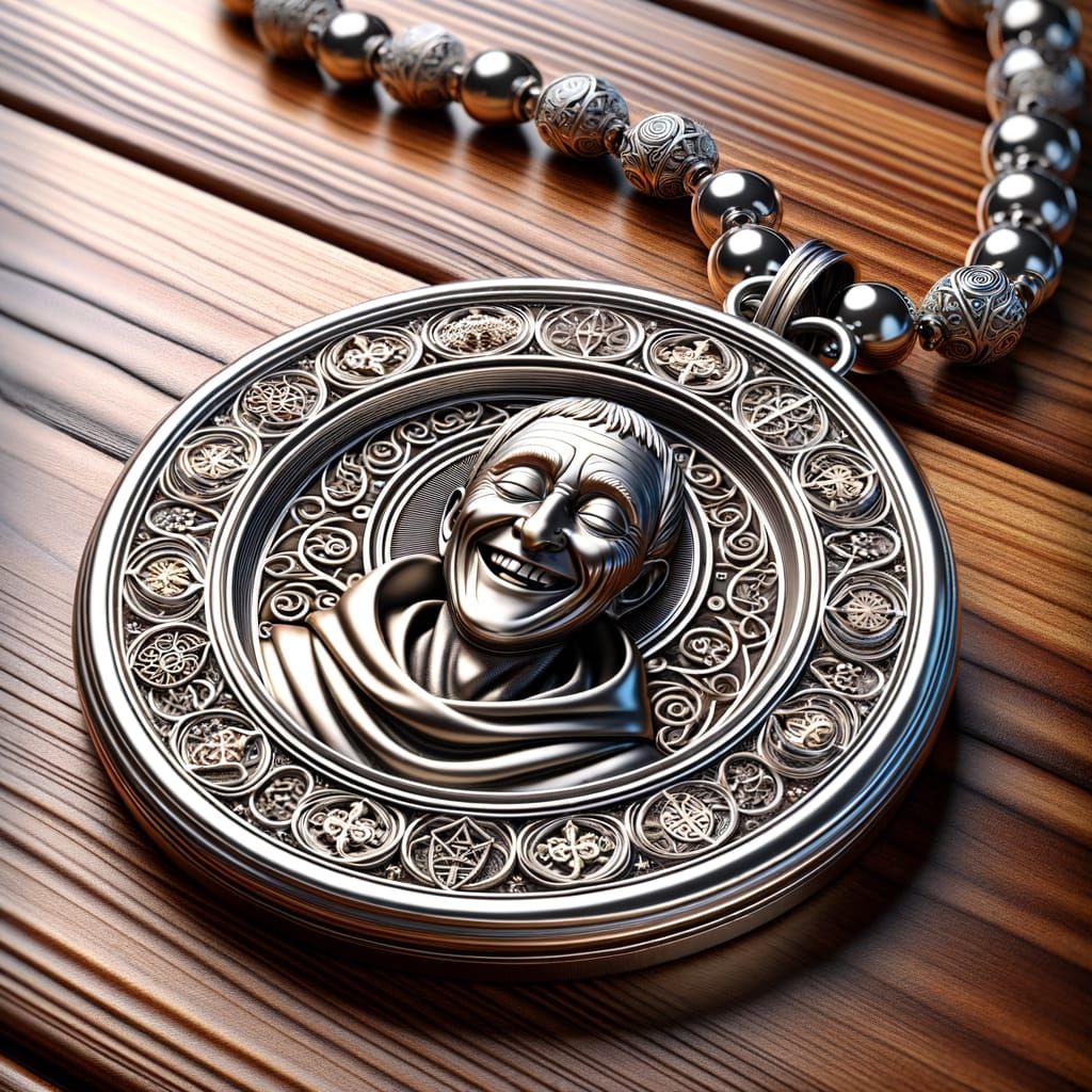 Ornate Silver Medallion with Celtic Crest and Monk