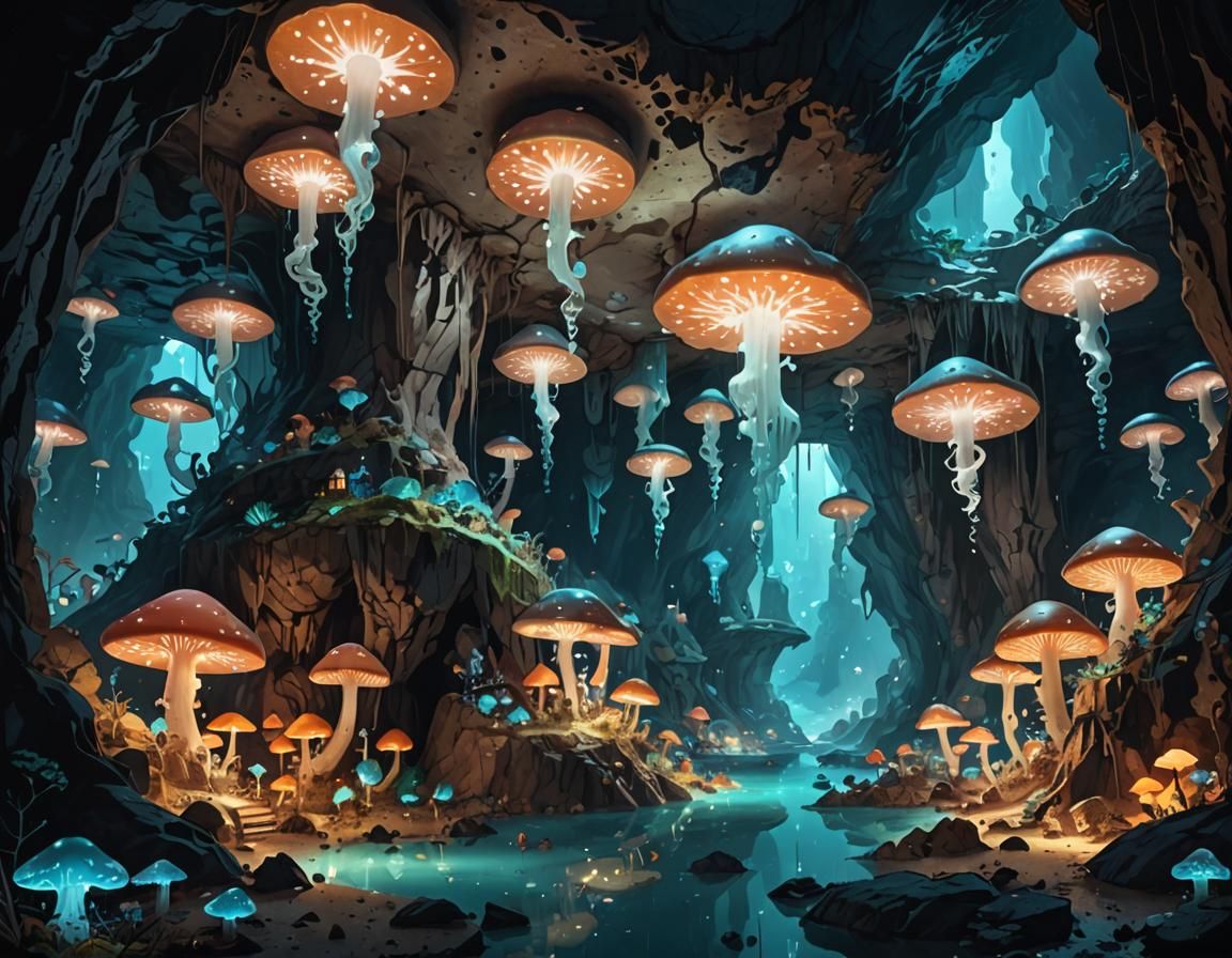 Bioluminescent Mushroom Town in Cave