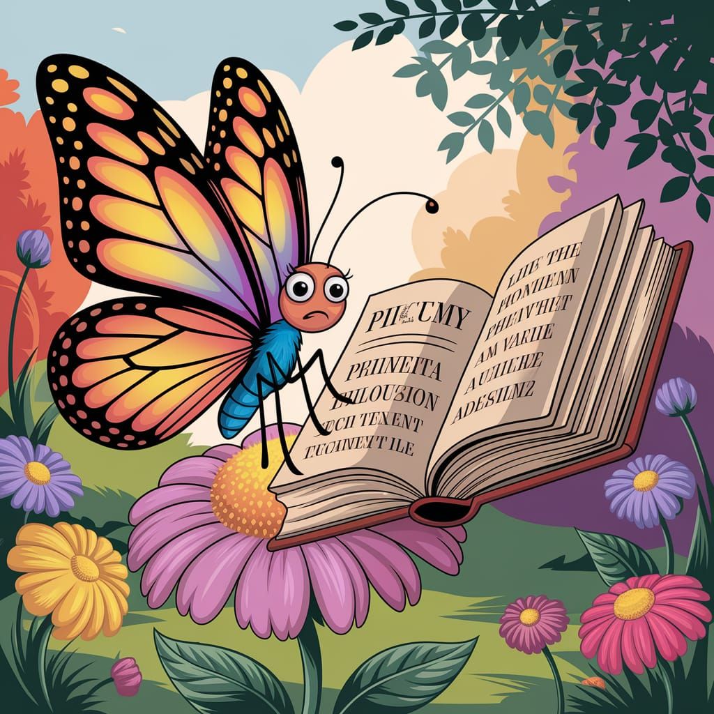 Confused Cartoon Butterfly Reads Philosophy Book