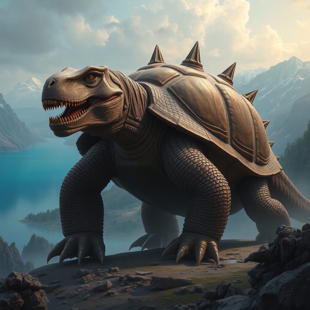 A fearsome, prehistoric creature with the body of a giant tu...