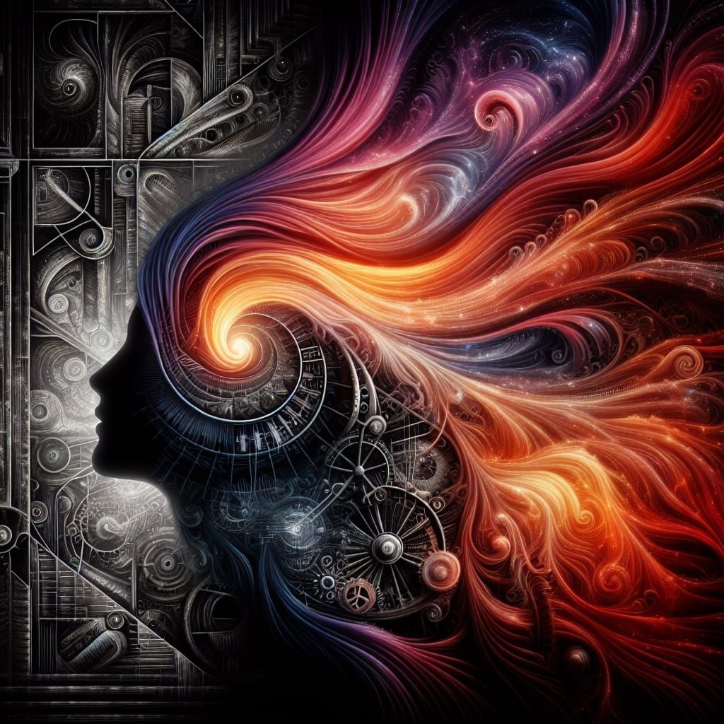 Surreal Woman Portrait with Mechanical Gothic Architecture