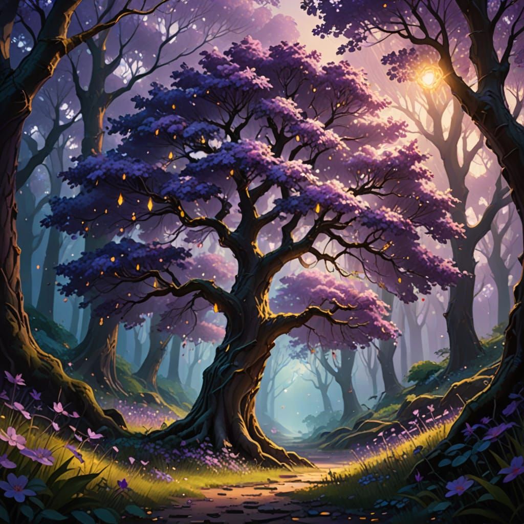 Vibrant Violet Blossom Tree in Mystical Forest