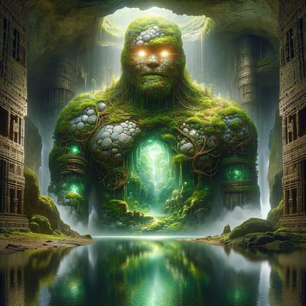 Moss-Covered Iron Golem in Underground Lake