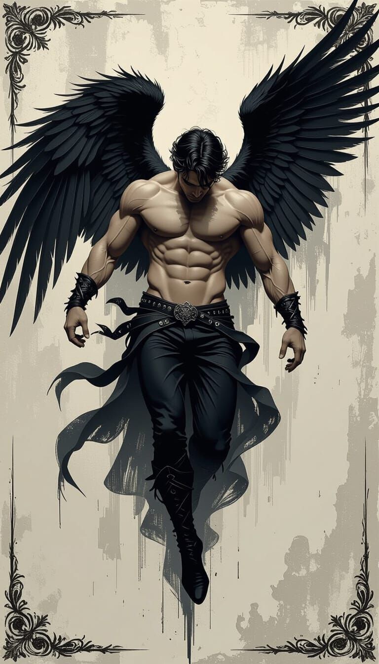 Dramatic Gothic Angel Falling, Mixed Media Illustration