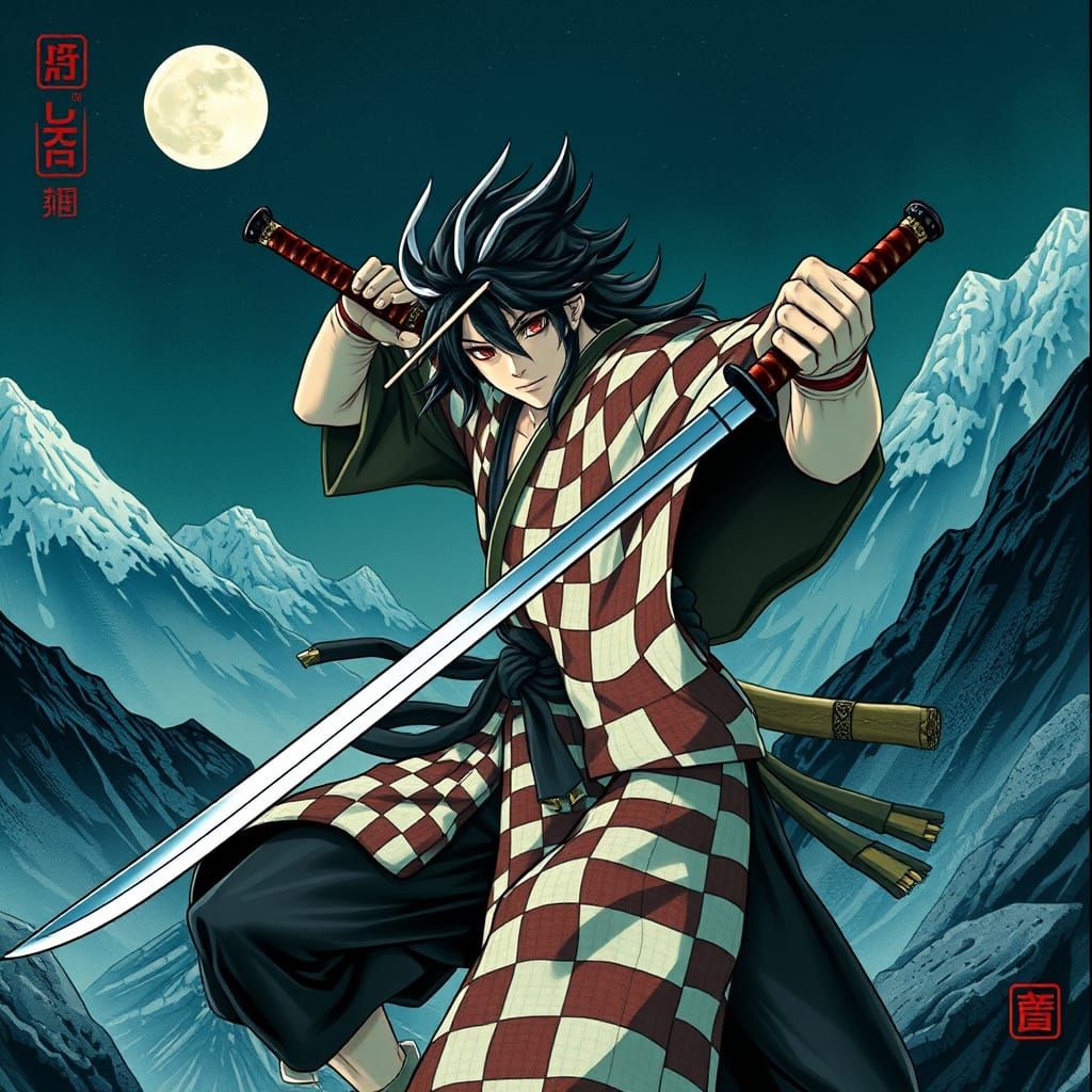 Swordsman in Moonlit Mountains, Dark Fantasy Art