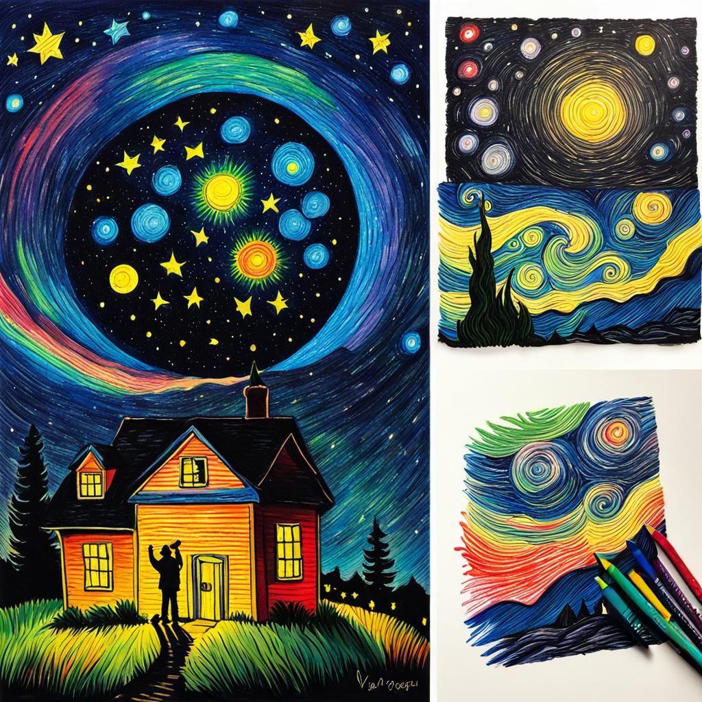Crayon Drawing of Rainbow Starry Night