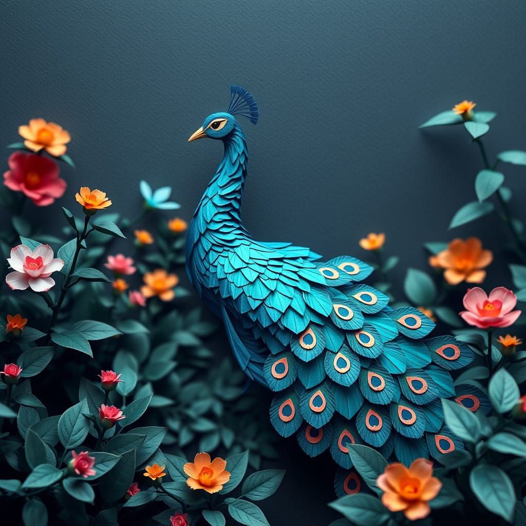 Origami-Style Peacock in Vibrant Garden