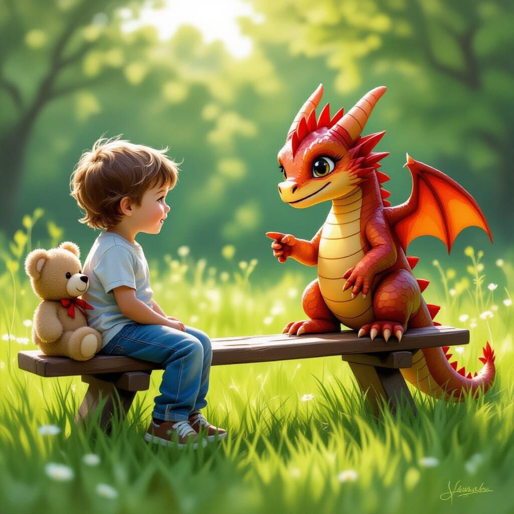 Boy, Teddy Bear, and Dragon on Seesaw