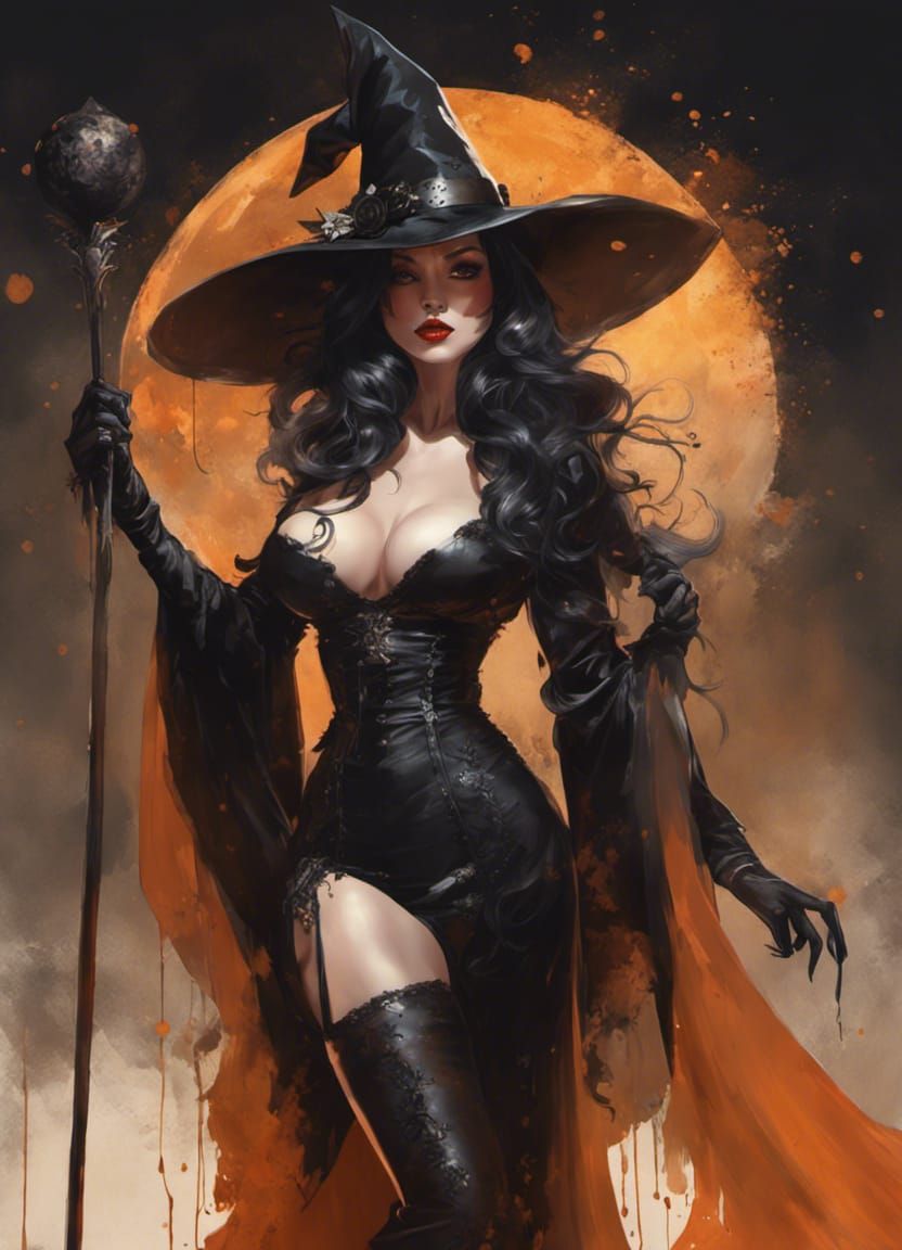 Pin-Up Witch in Halloween Mask, Classic Art Style