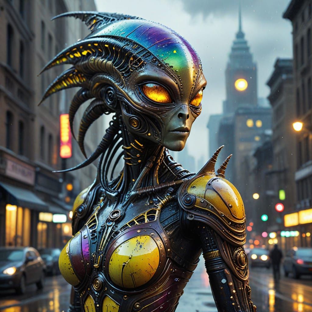 Steampunk Xenomorph in Rainbow Dress, Oil on Canvas