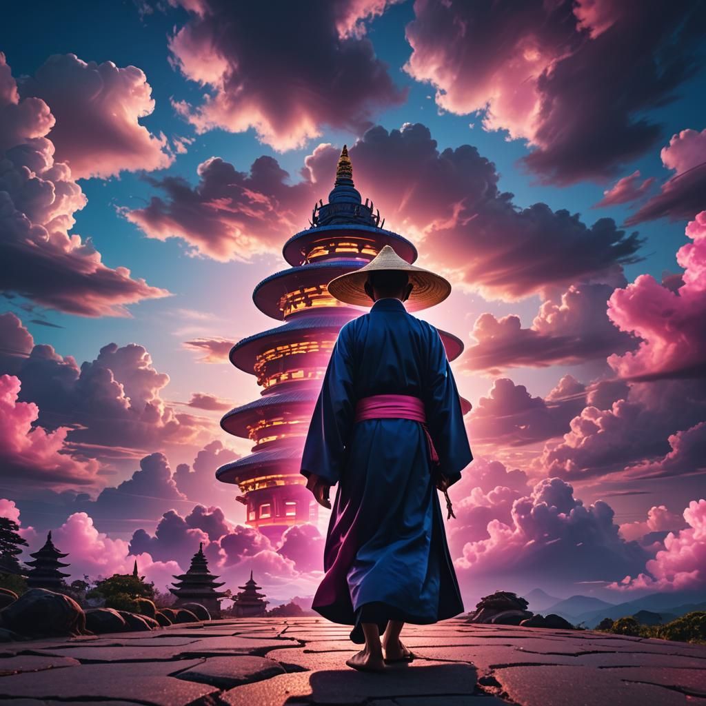 Synthwave Monk Walking Towards Buddha